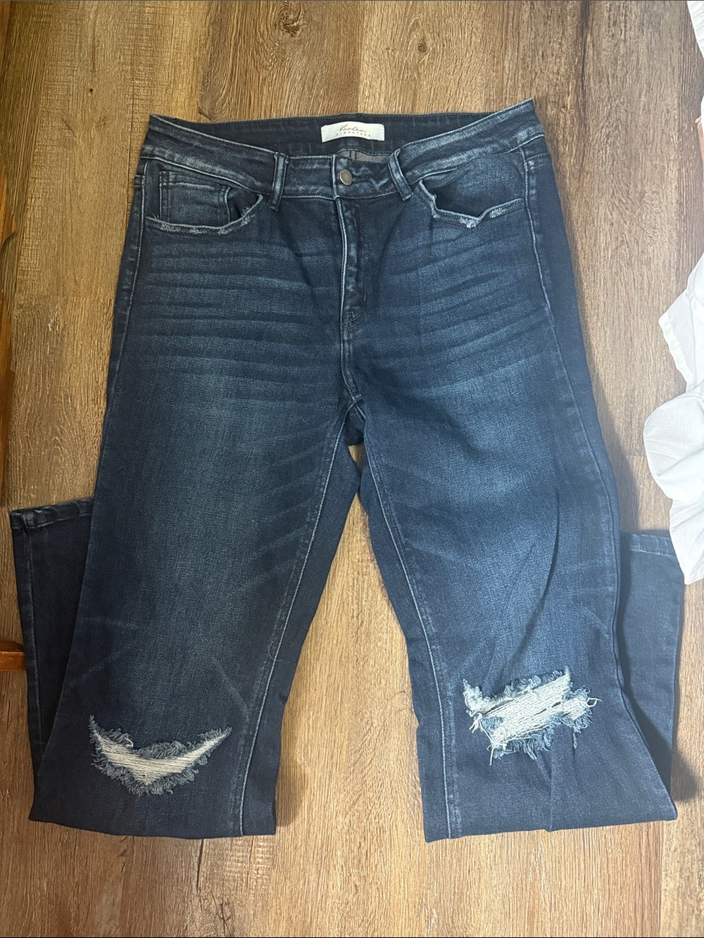 KanCan Dark Indigo Flare Jeans with Knee Rips